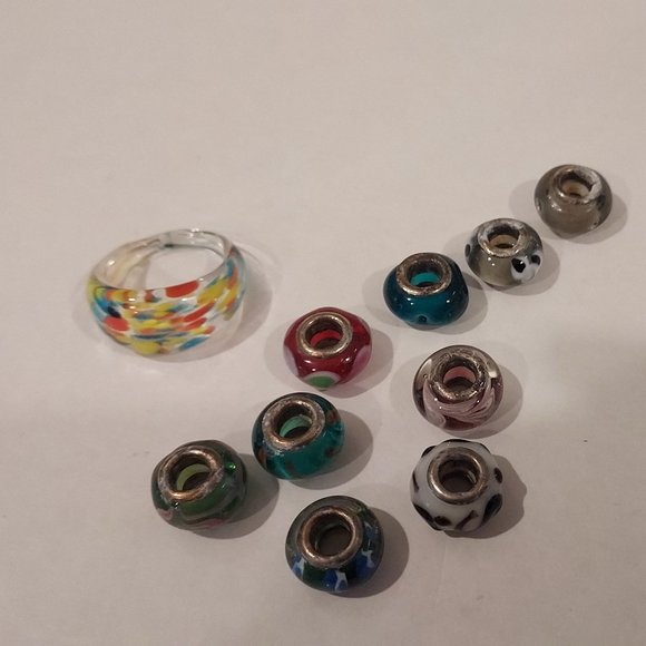 9 Glass Mosaic beads and Glass mosaic Ring size 7 LOT - Picture 1 of 4